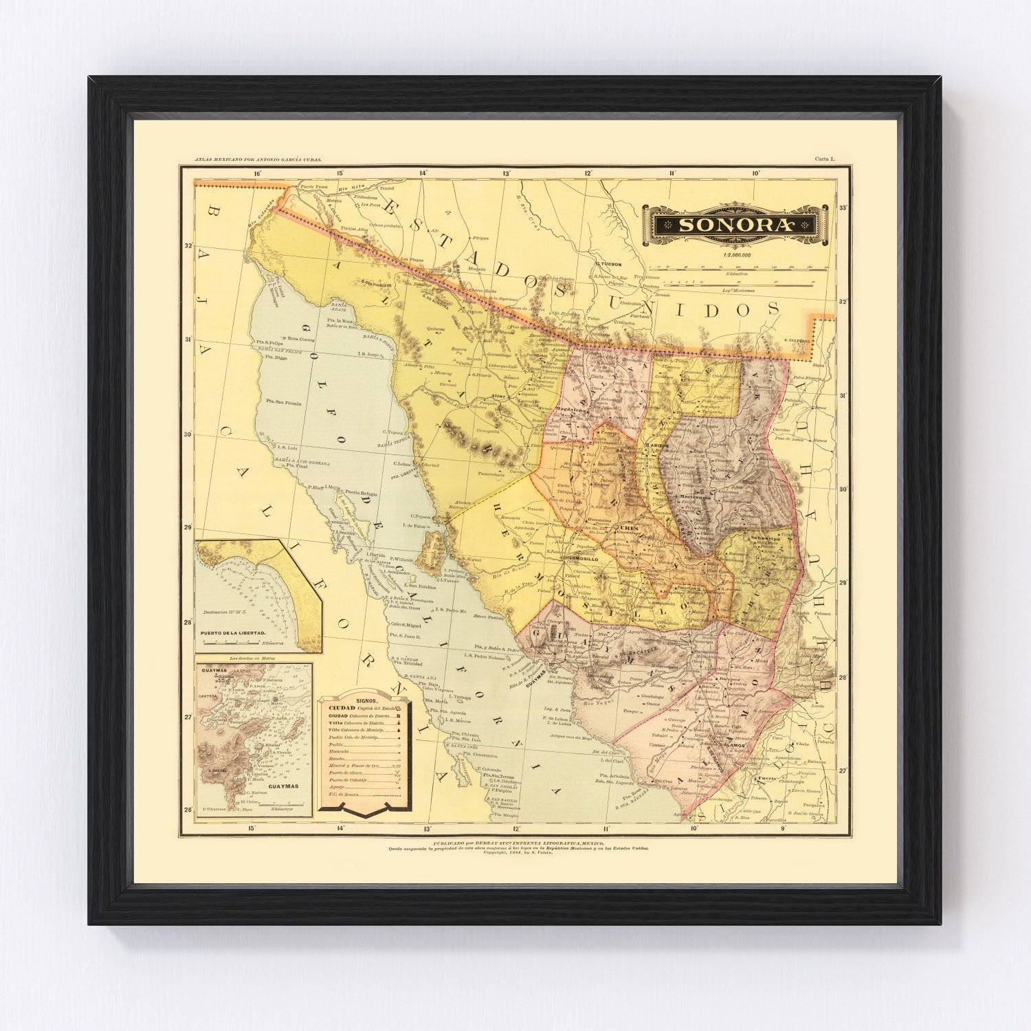 vintage map of Sonora, Mexico, 1886