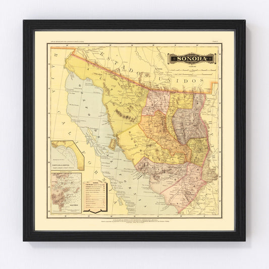 vintage map of Sonora, Mexico, 1886