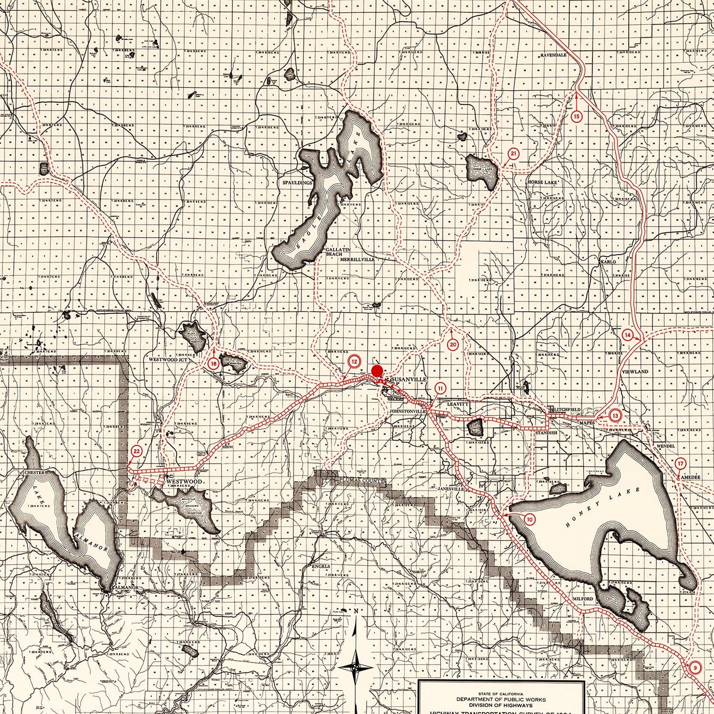 Vintage Map of Lassen County, California, 1935