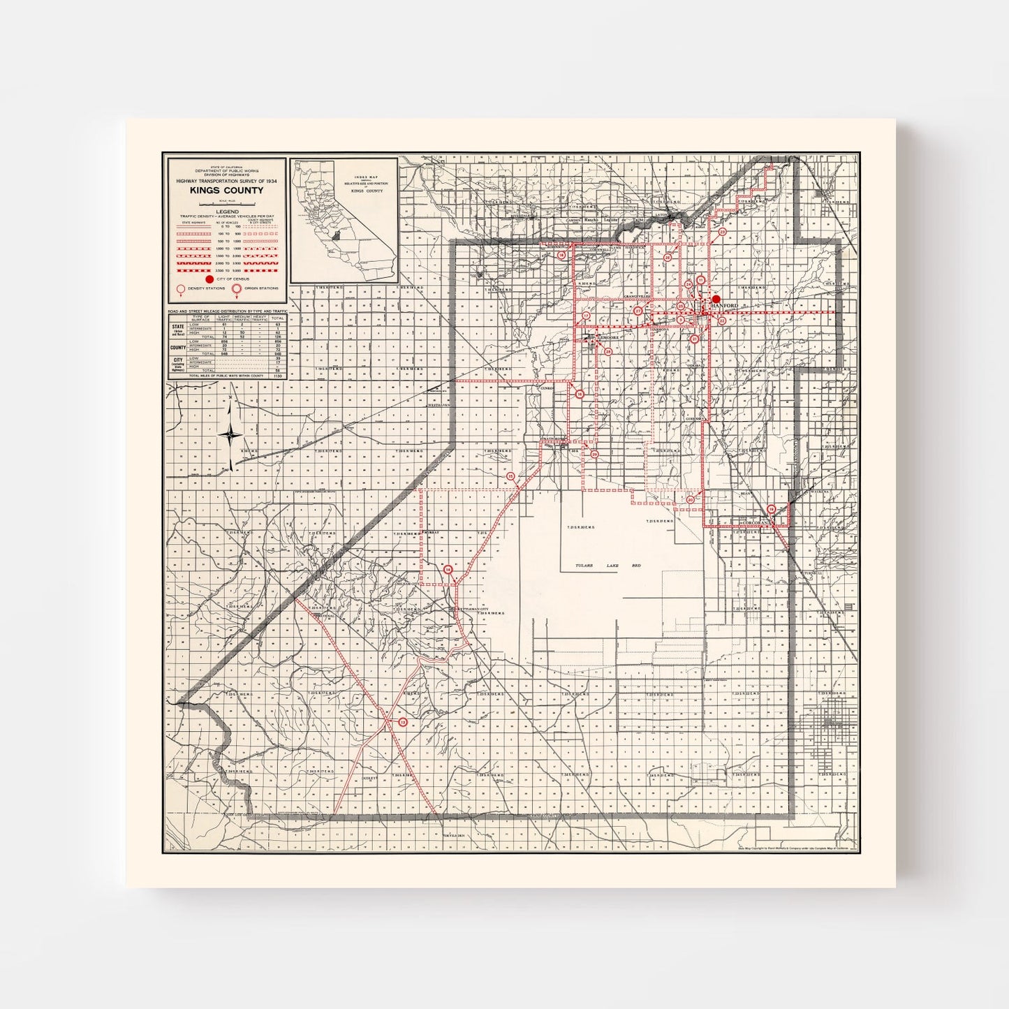 Vintage Map of Kings County, California, 1935