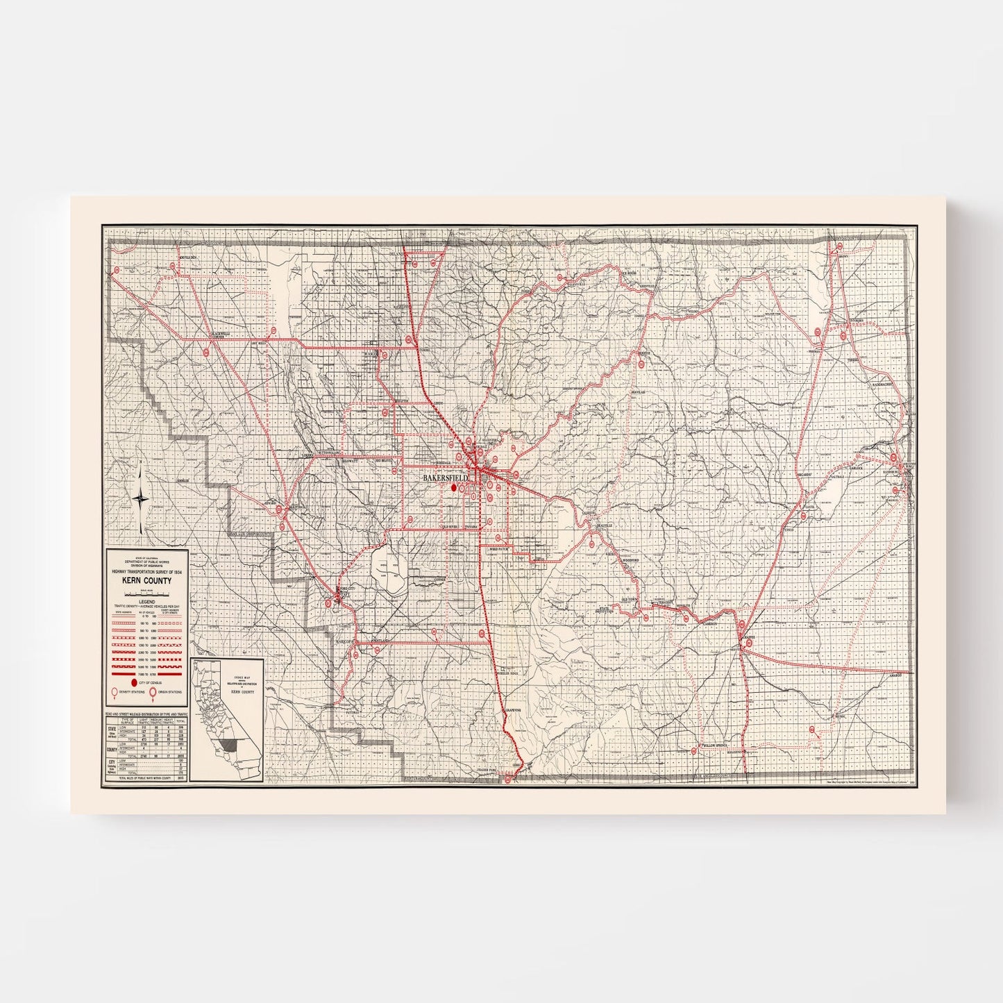 Vintage Map of Kern County, California, 1935