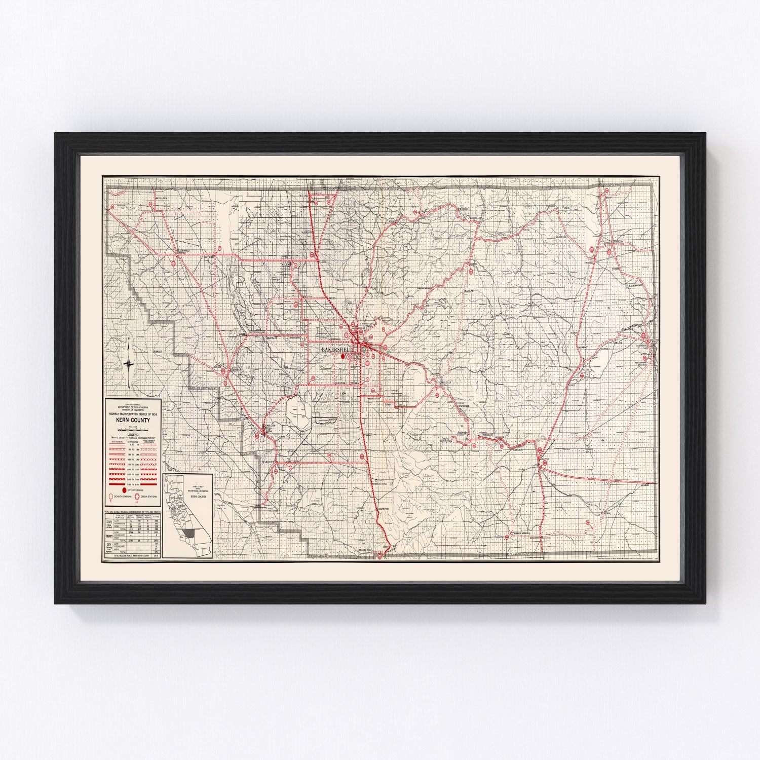 vintage map of Kern County, California, Bakersfield, 1935