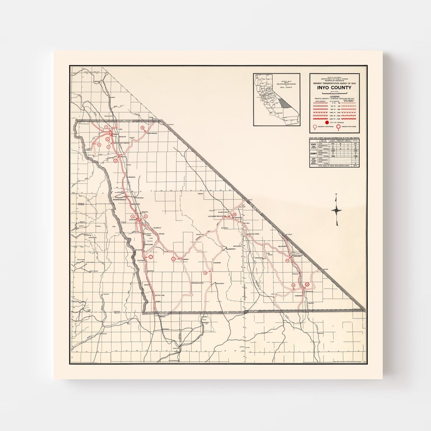 Vintage Map of Inyo County, California, 1935