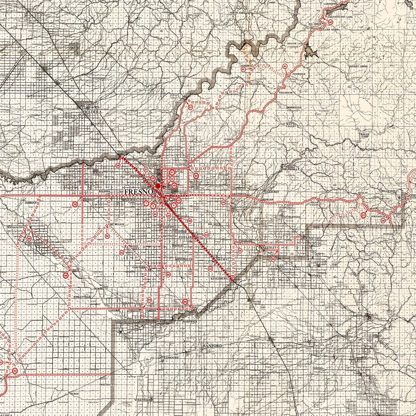 Vintage Map of Fresno County, California, 1935