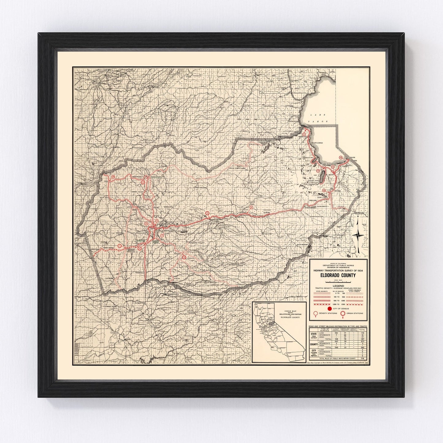Vintage restored map of El Dorado County, California, 1935, Gold Country Sierra Nevada