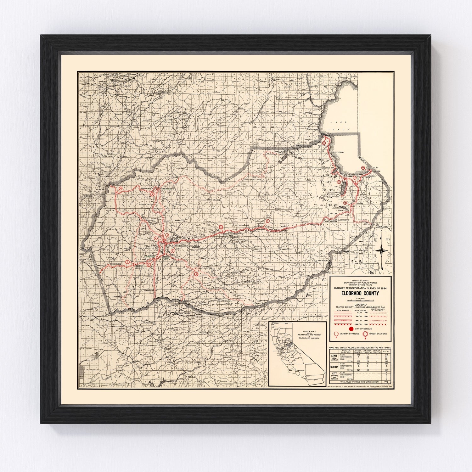 Vintage restored map of El Dorado County, California, 1935, Gold Country Sierra Nevada