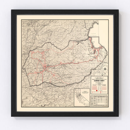 Vintage restored map of El Dorado County, California, 1935, Gold Country Sierra Nevada