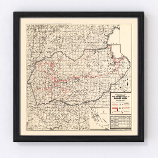 Vintage restored map of El Dorado County, California, 1935, Gold Country Sierra Nevada