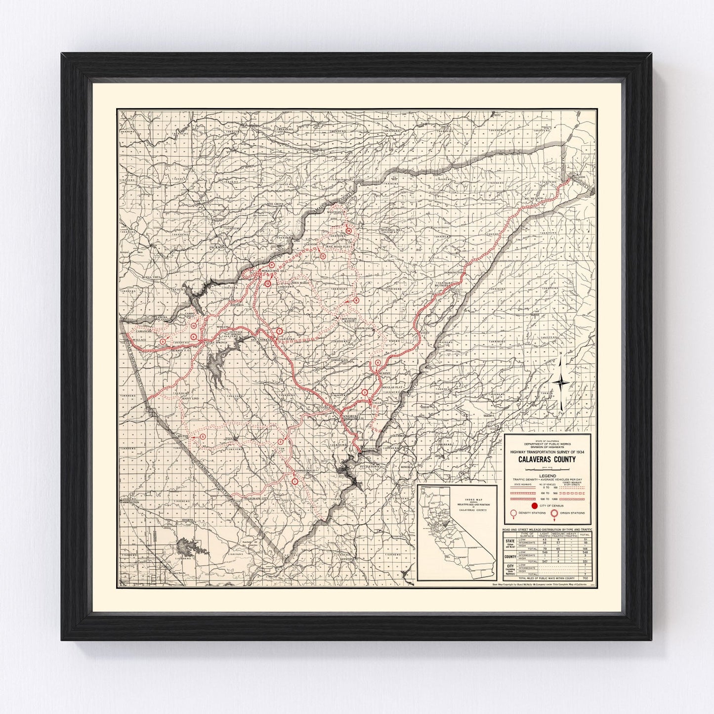 Vintage map of Calaveras County, California, 1935, restored print
