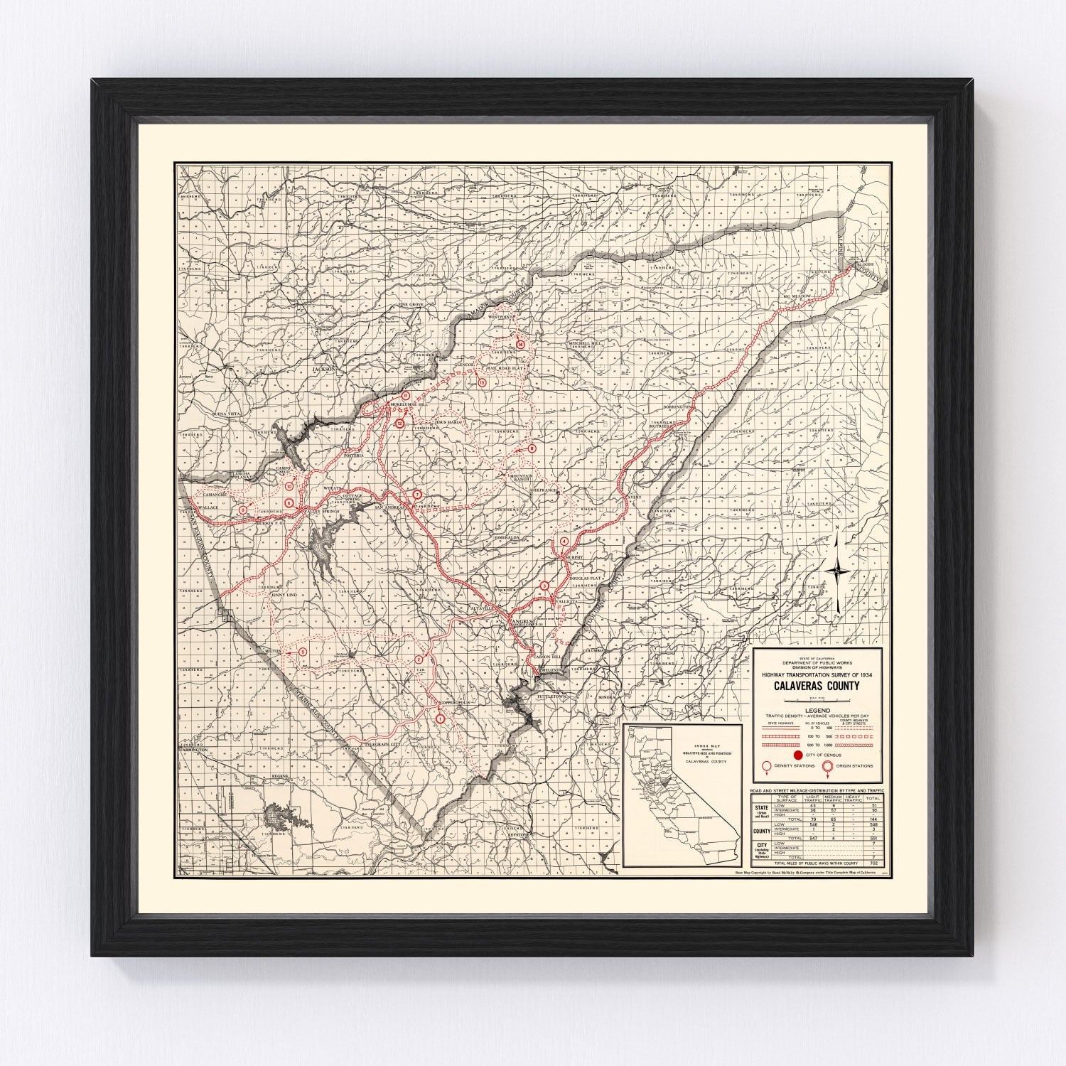 Vintage map of Calaveras County, California, 1935, restored print