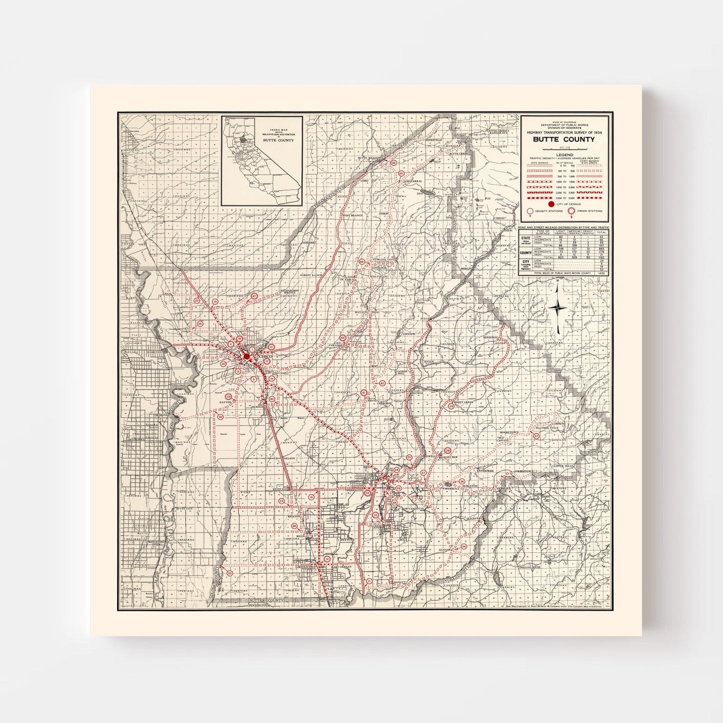 Vintage Map of Butte County, California, 1935 Wall Art