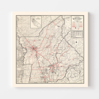 Vintage Map of Butte County, California, 1935 Wall Art