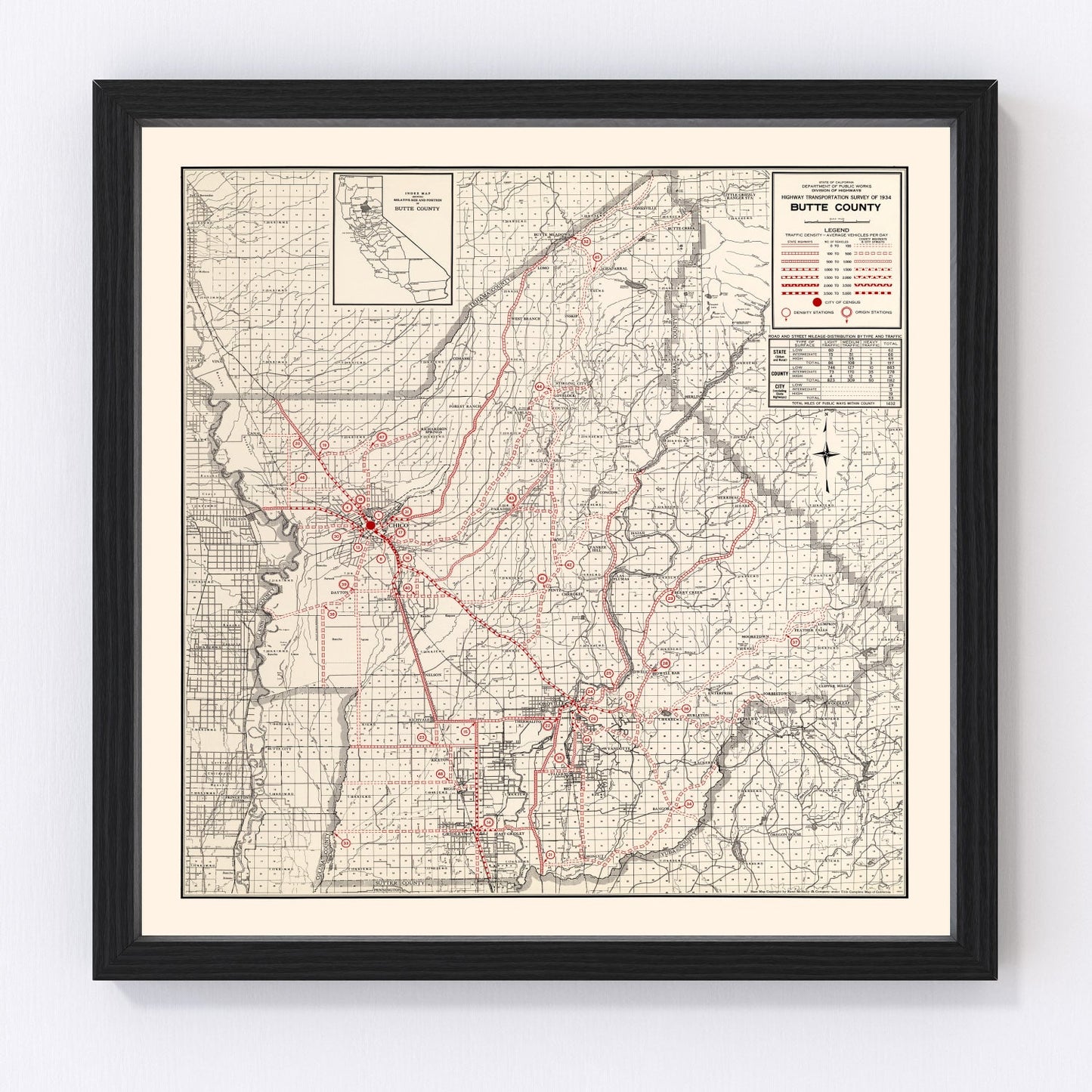 Vintage map of Butte County, California, 1935, digitally restored