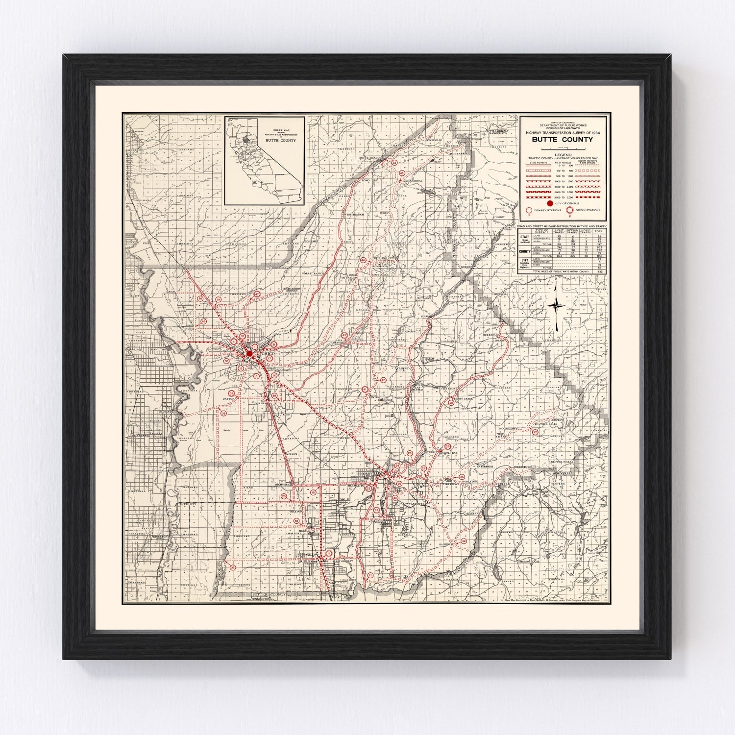 Vintage map of Butte County, California, 1935, digitally restored