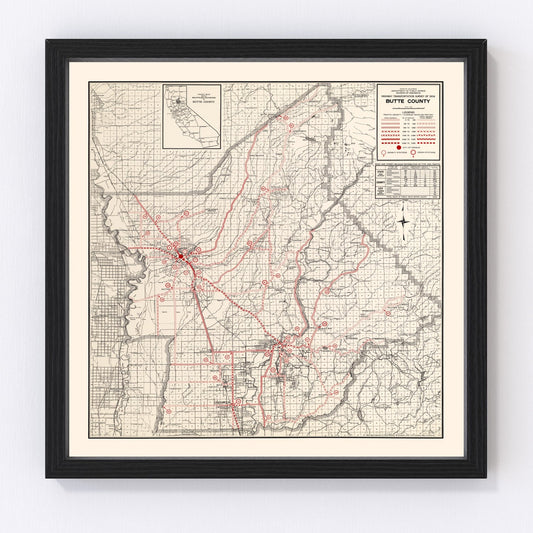 Vintage map of Butte County, California, 1935, digitally restored