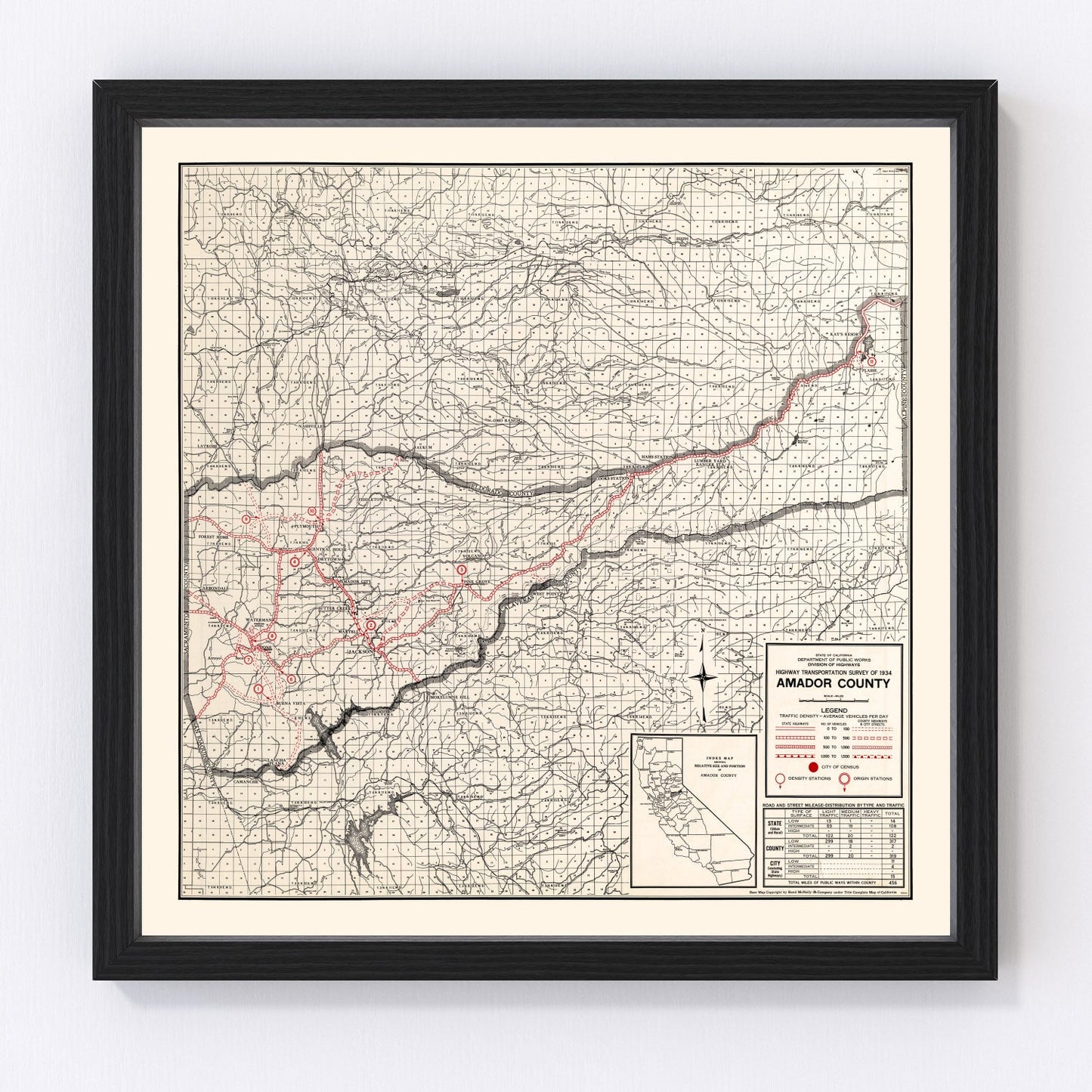Vintage map of Amador County, California, 1935 - Gold Country roads in Great Depression