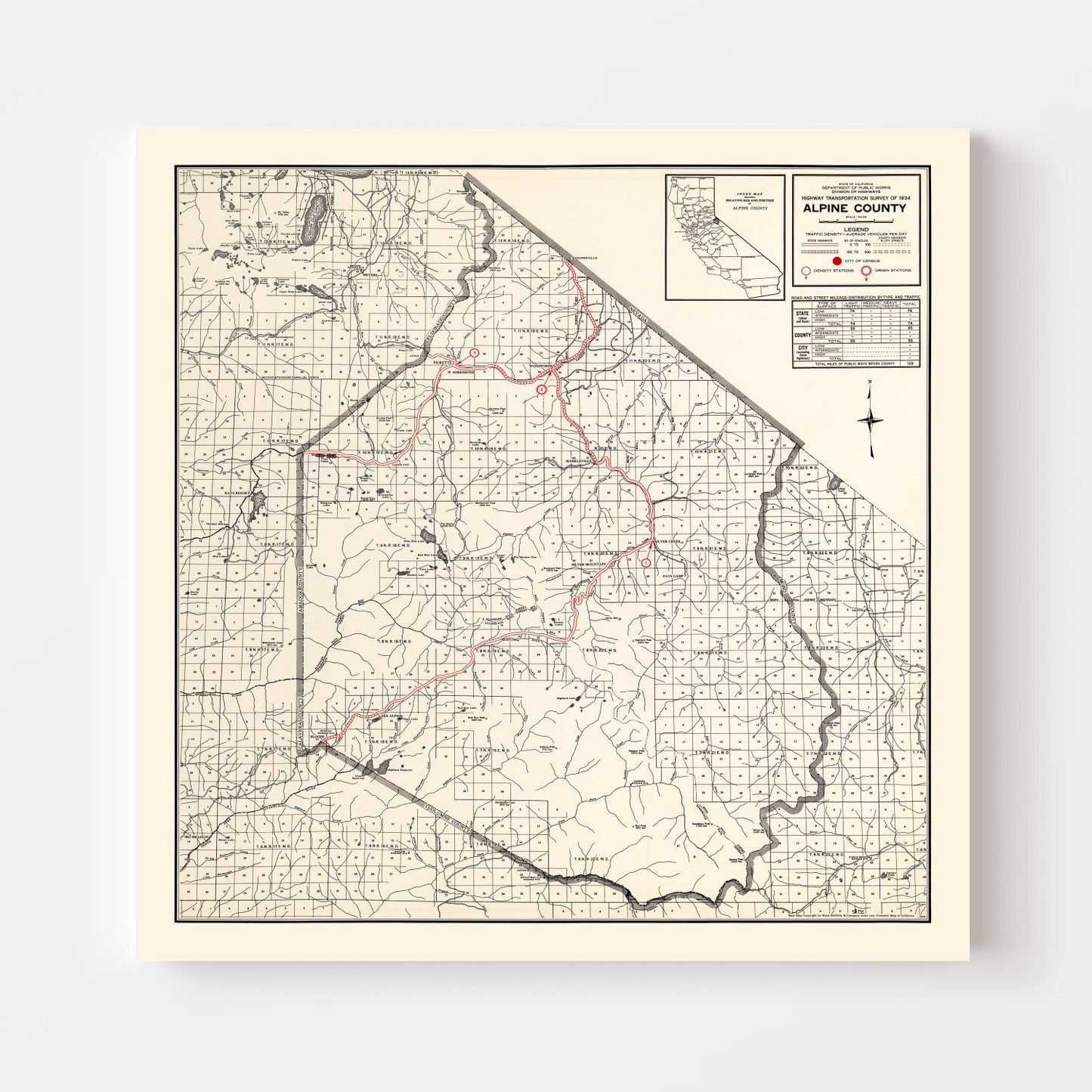 Vintage Map of Alpine County, California, 1935