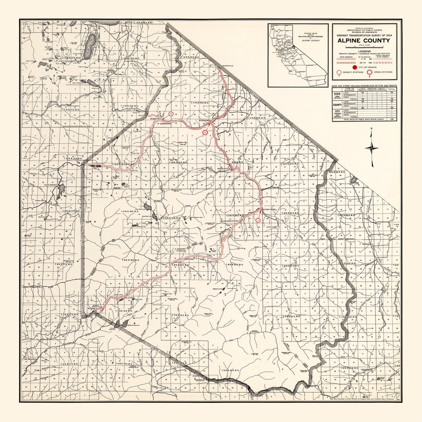 Vintage Map of Alpine County, California, 1935