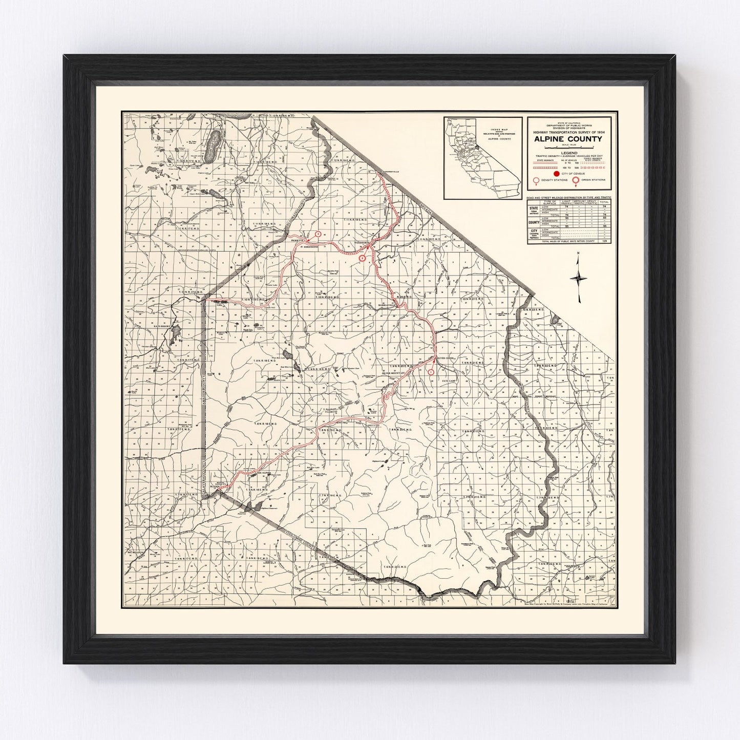 Vintage map of Alpine County, California, 1935, Sierra Nevada