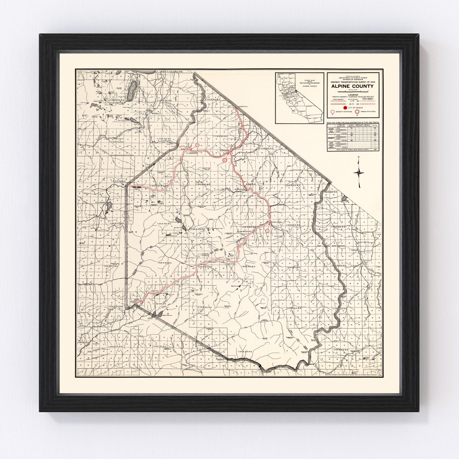 Vintage map of Alpine County, California, 1935, Sierra Nevada
