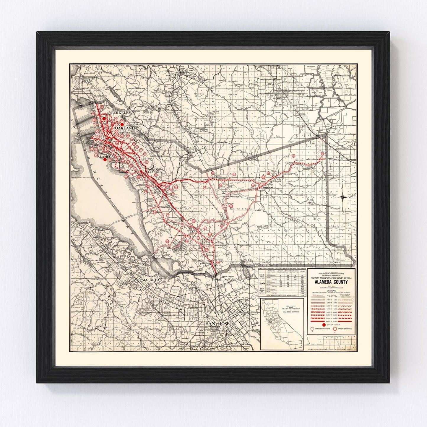 Vintage map of Alameda County, California, 1935 - restored print