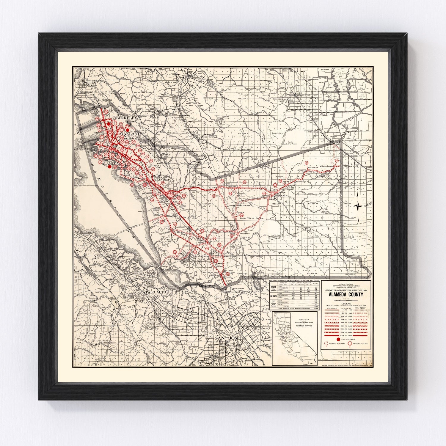Vintage map of Alameda County, California, 1935 - restored print