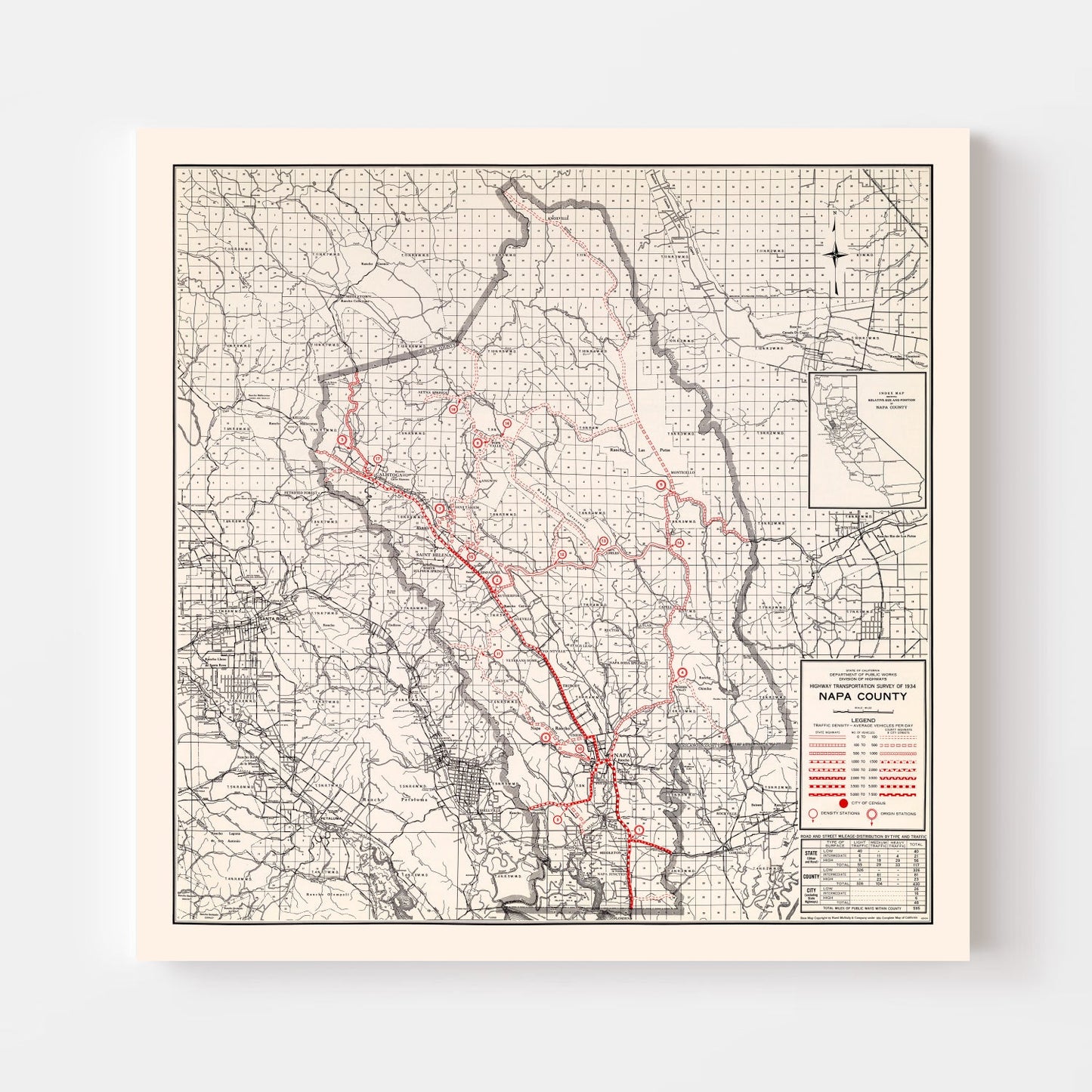 Vintage Map of Napa County, California, 1935
