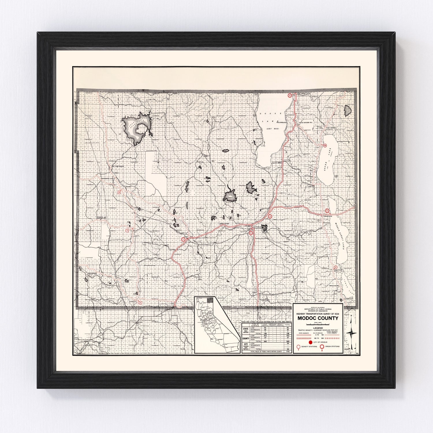 vintage map of Modoc County, California, Alturas, 1935