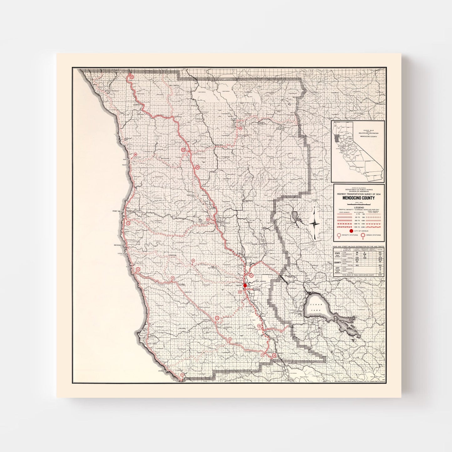 Vintage Map of Mendocino County, California, 1935