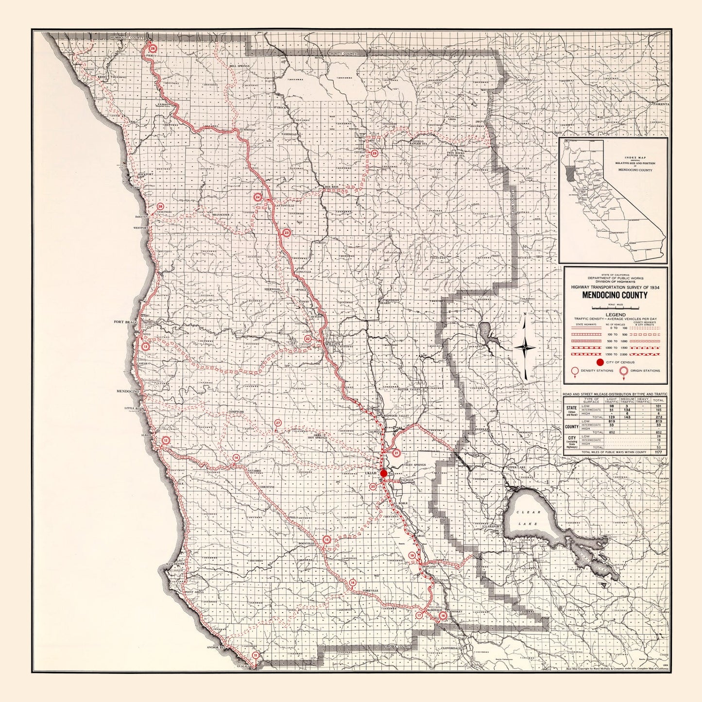 Vintage Map of Mendocino County, California, 1935
