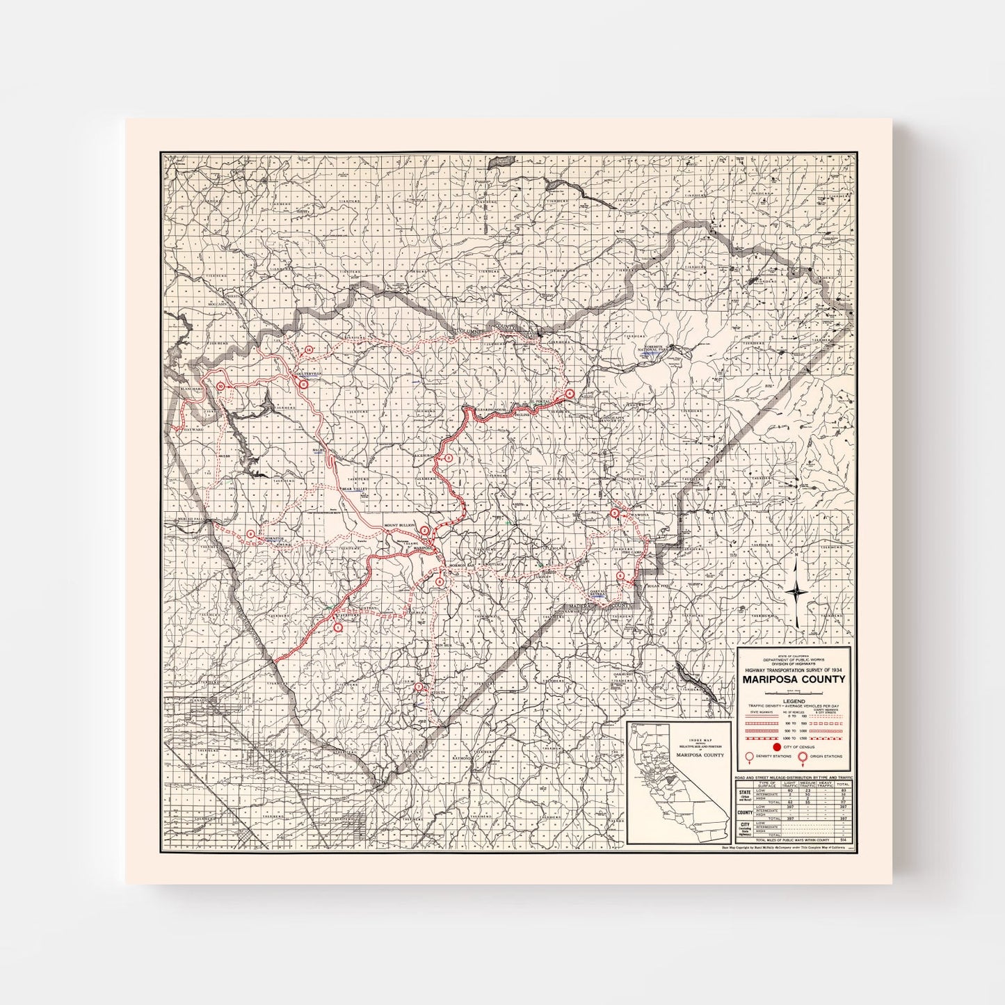 Vintage Map of Mariposa County, California, 1935