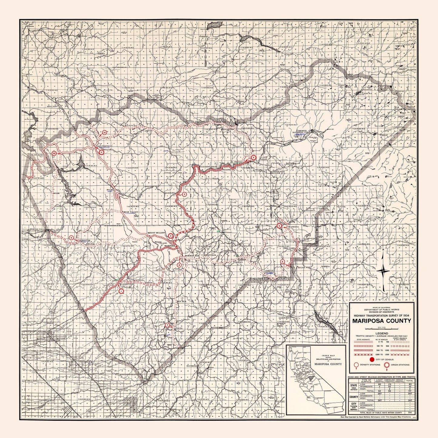 Vintage Map of Mariposa County, California, 1935