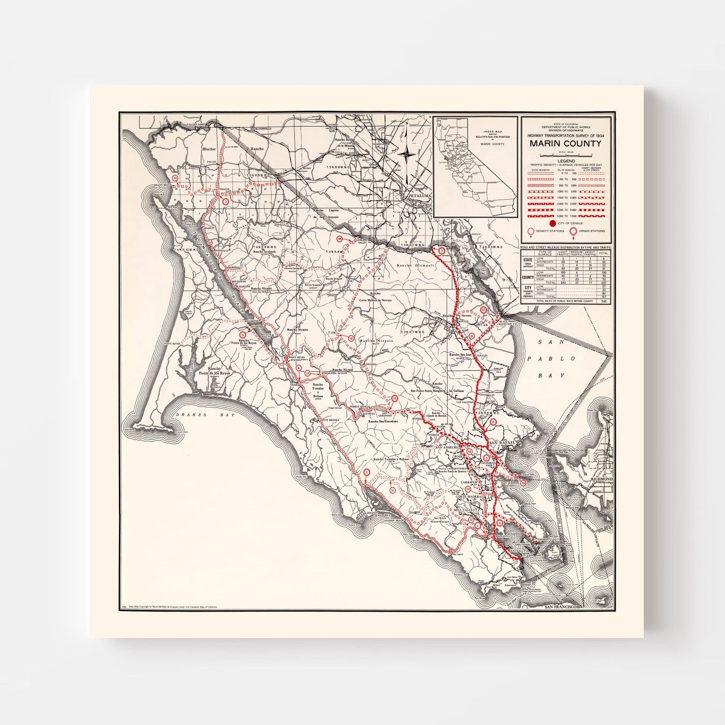 Vintage Map of Marin County, California, 1935