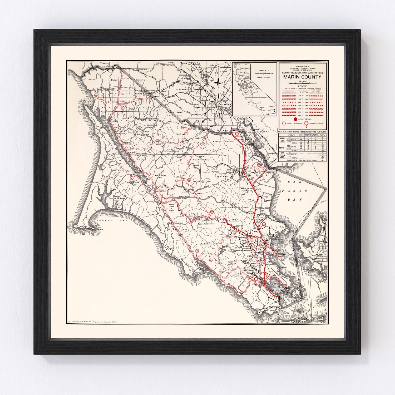 vintage map of Marin County, California, San Rafael and Mill Valley, 1935