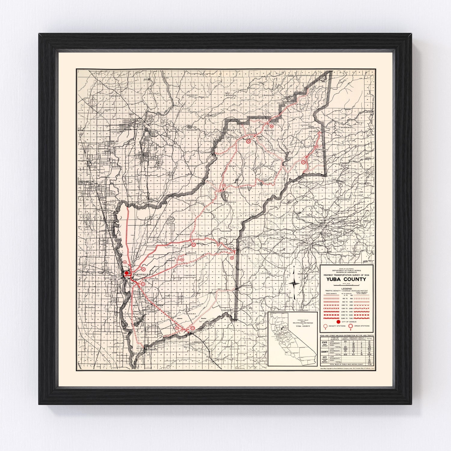 Vintage 1935 map of Yuba County California, digitally restored print