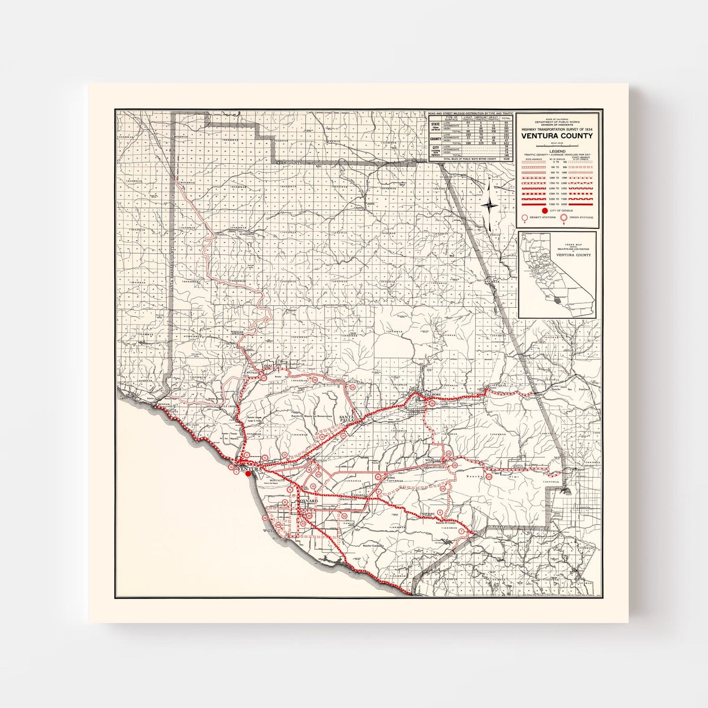 Vintage Map of Ventura County, California, 1935