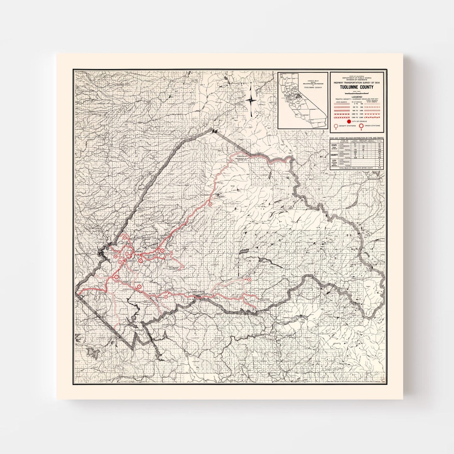 Vintage Map of Tuolumne County, California, 1935