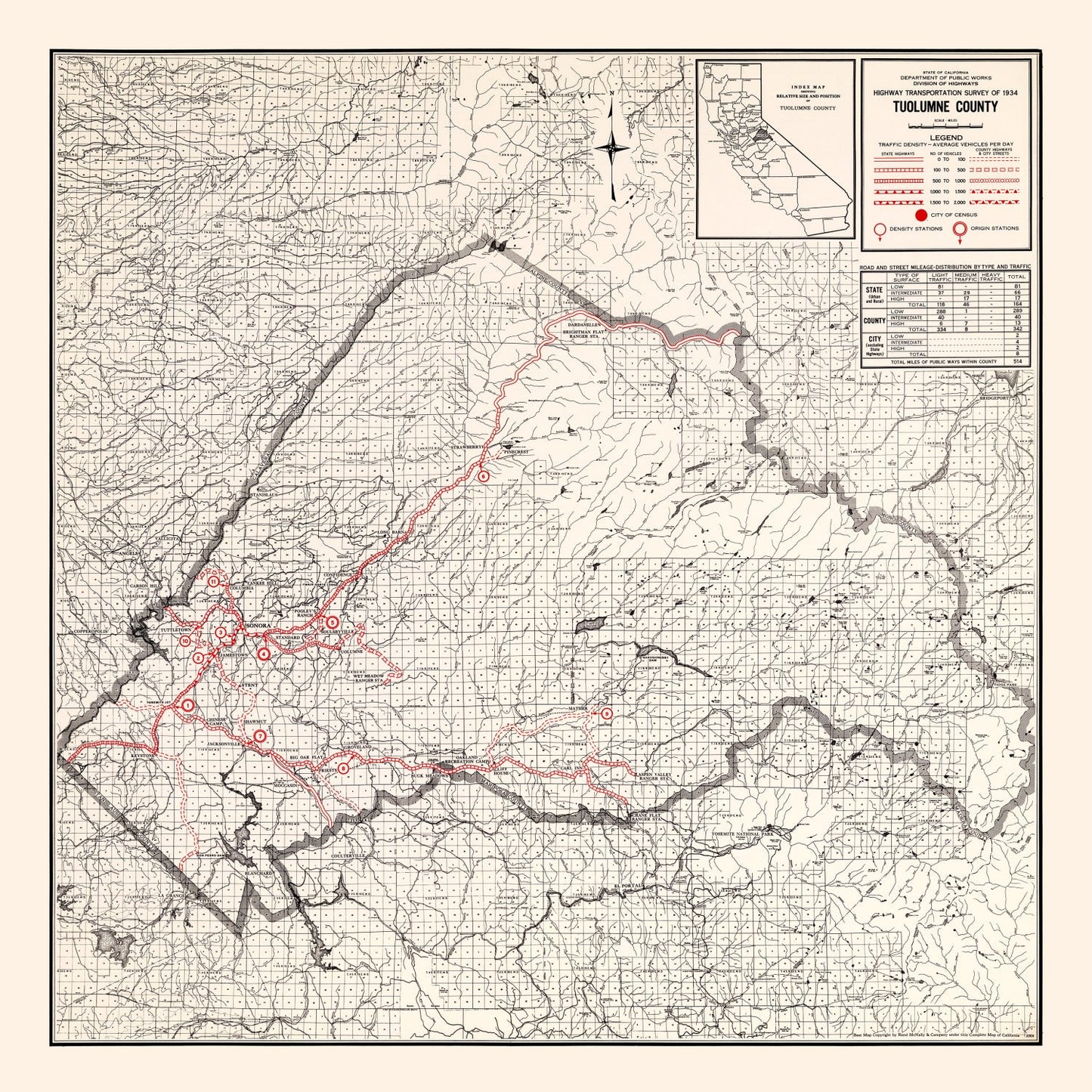 Vintage Map of Tuolumne County, California, 1935