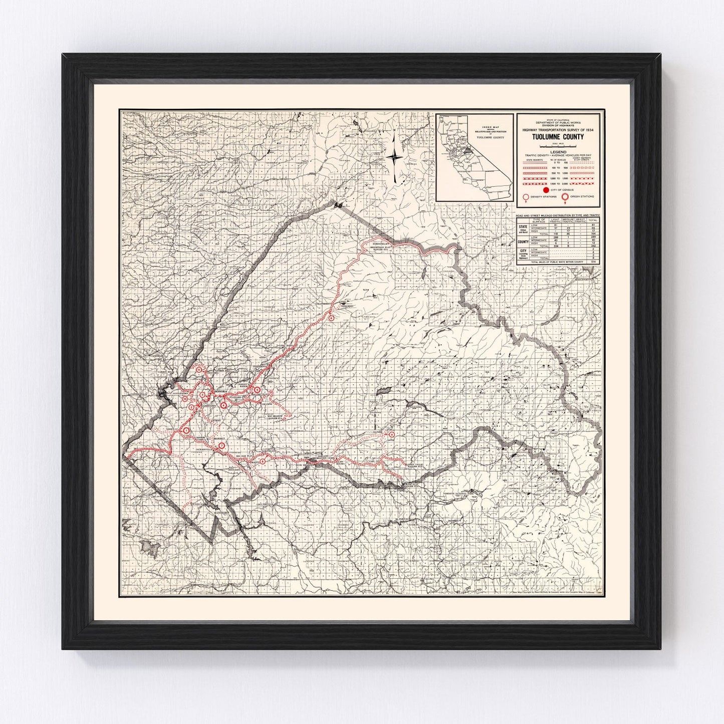 vintage map of Tuolumne County, California, 1935