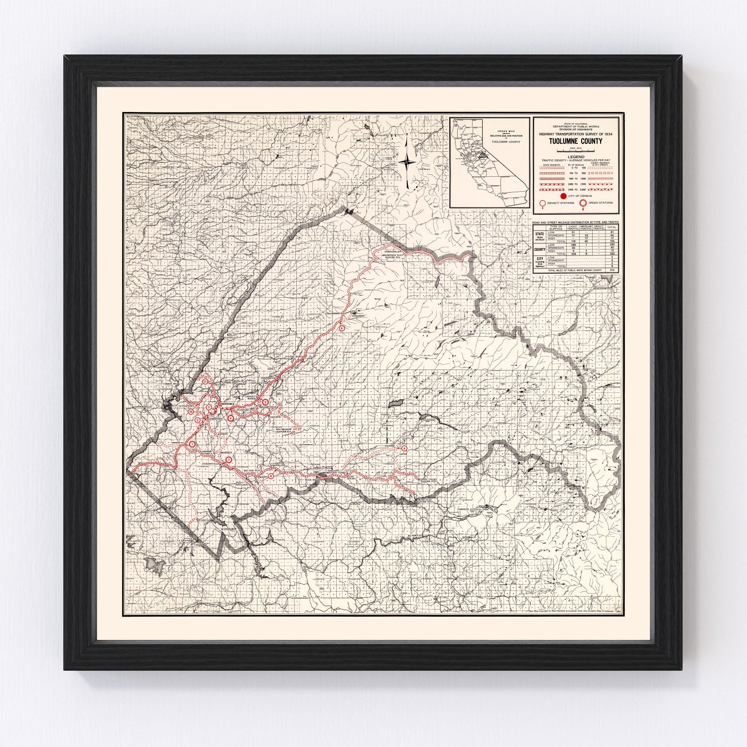 vintage map of Tuolumne County, California, 1935