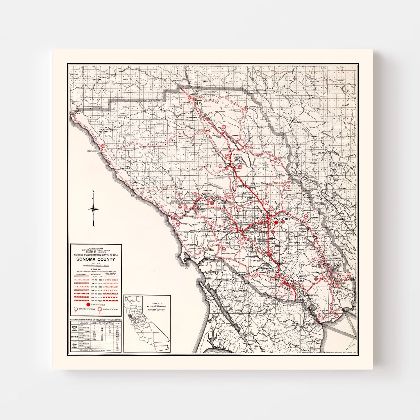 Vintage Map of Sonoma County, California, 1935