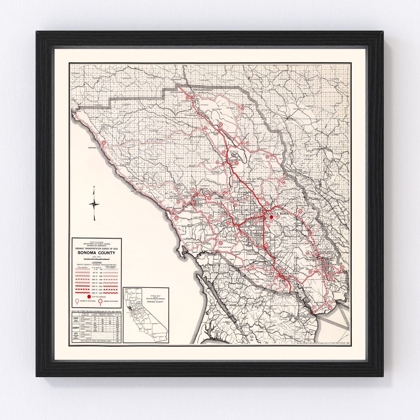 vintage map of Sonoma County, California, 1935