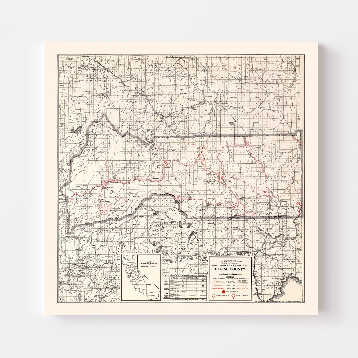 Vintage Map of Sierra County, California, 1935