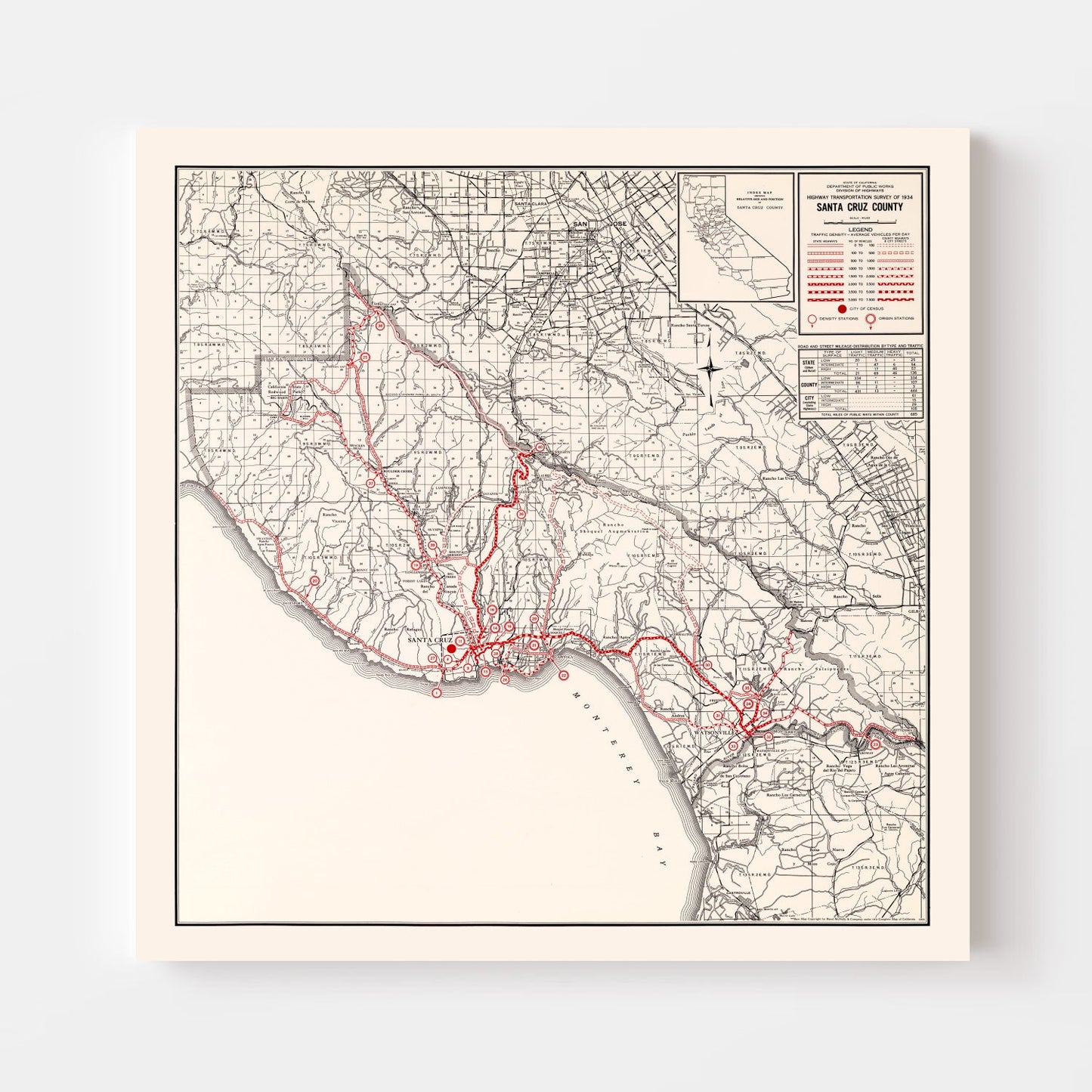 Vintage Map of Santa Cruz County, California, 1935