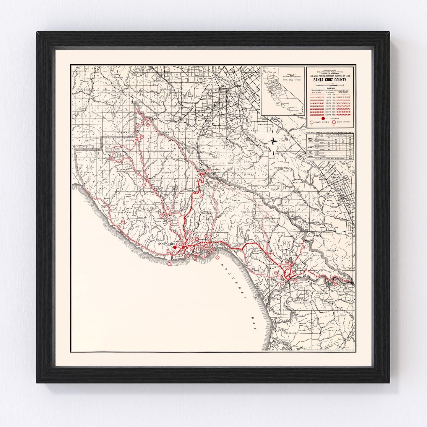 Vintage map of Santa Cruz County, California, 1935