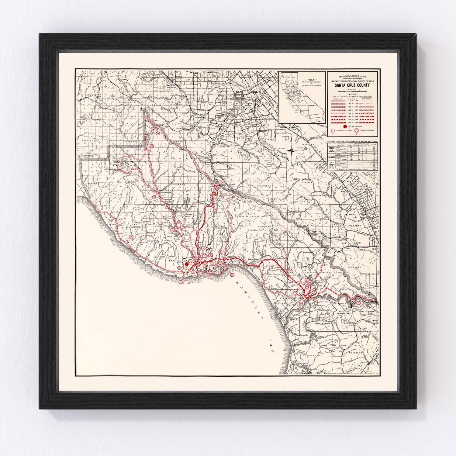Vintage map of Santa Cruz County, California, 1935
