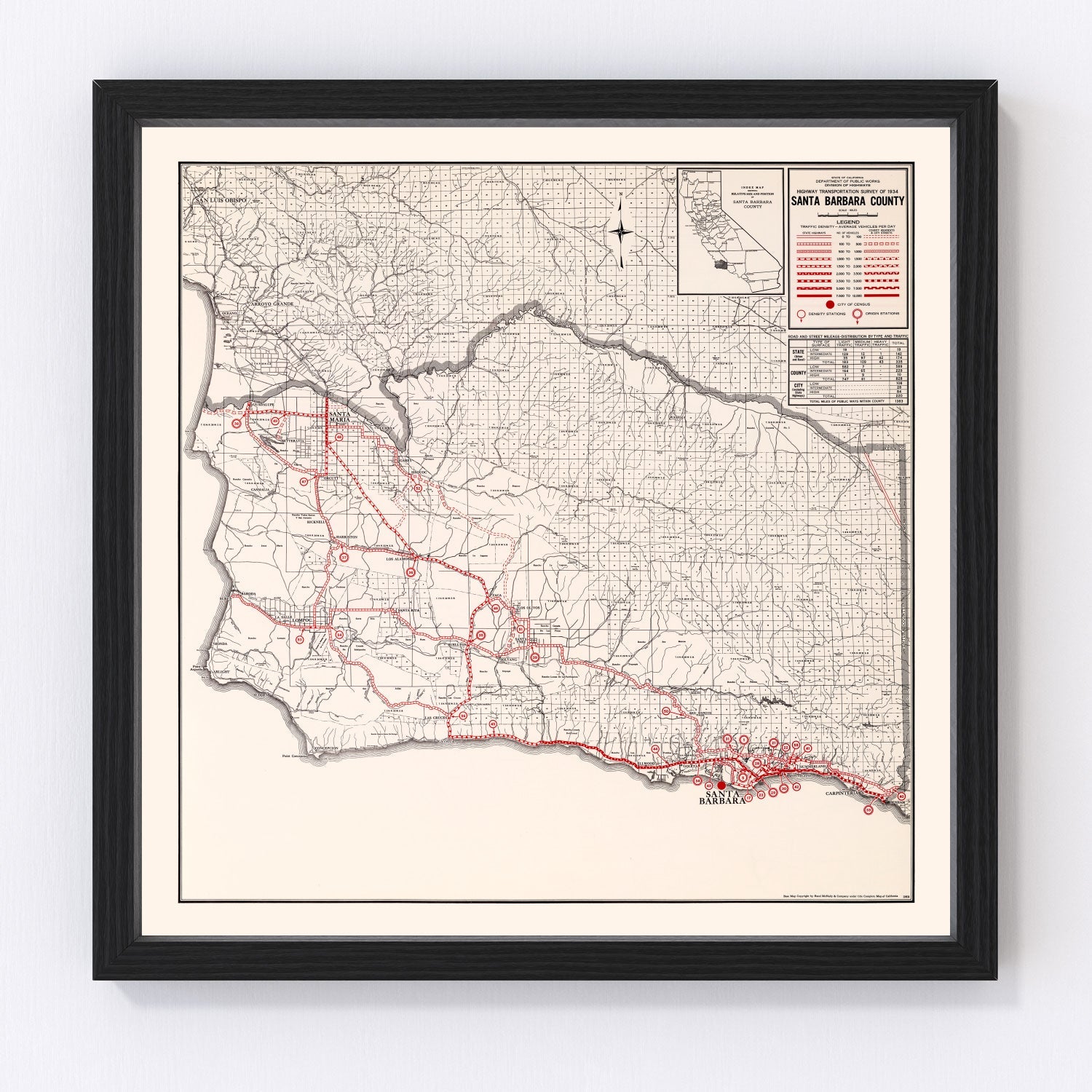 Vintage map of Santa Barbara County, California, 1935