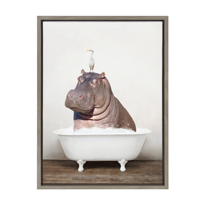 Hippo and Bird in Rustic Bath Framed Canvas Art