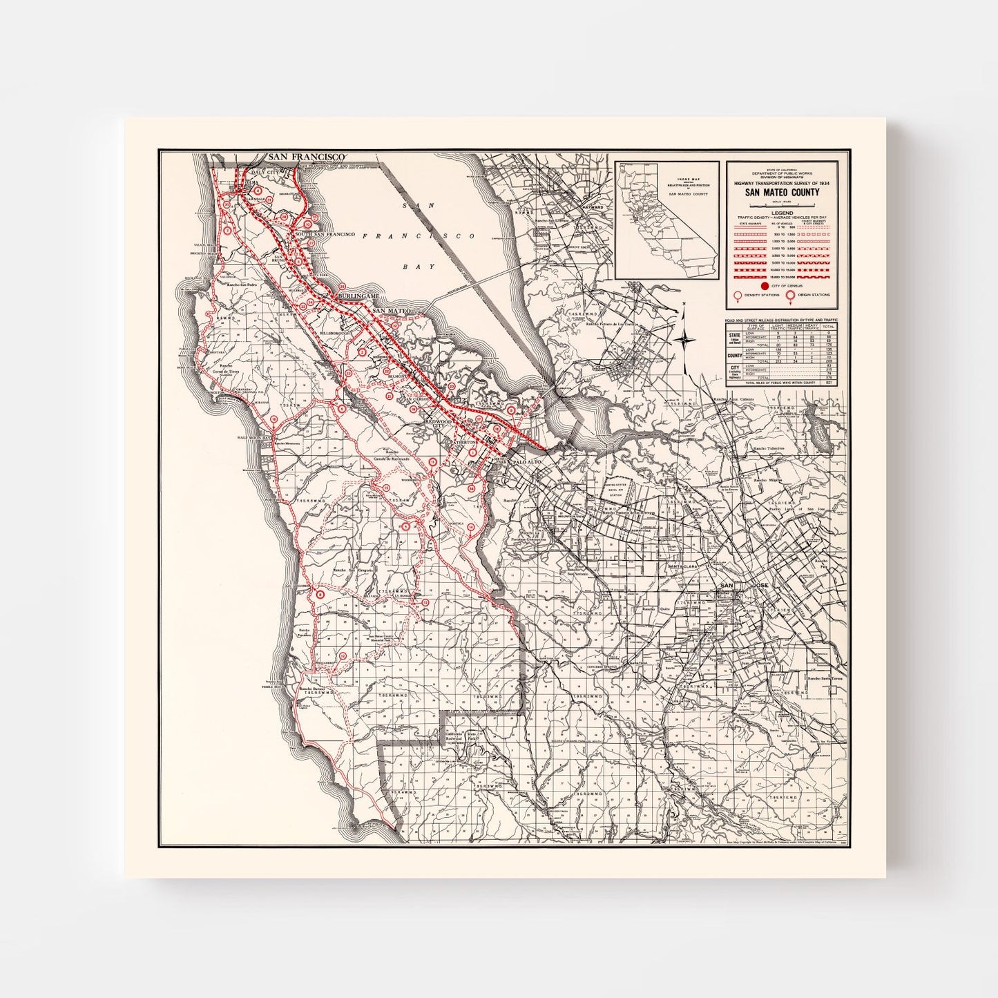 Vintage Map of San Mateo County, California, 1935