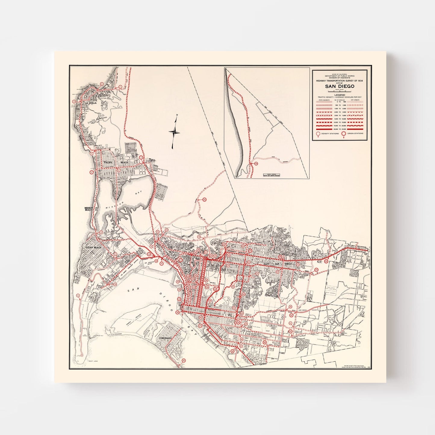 Vintage Map of San Diego, California, 1935